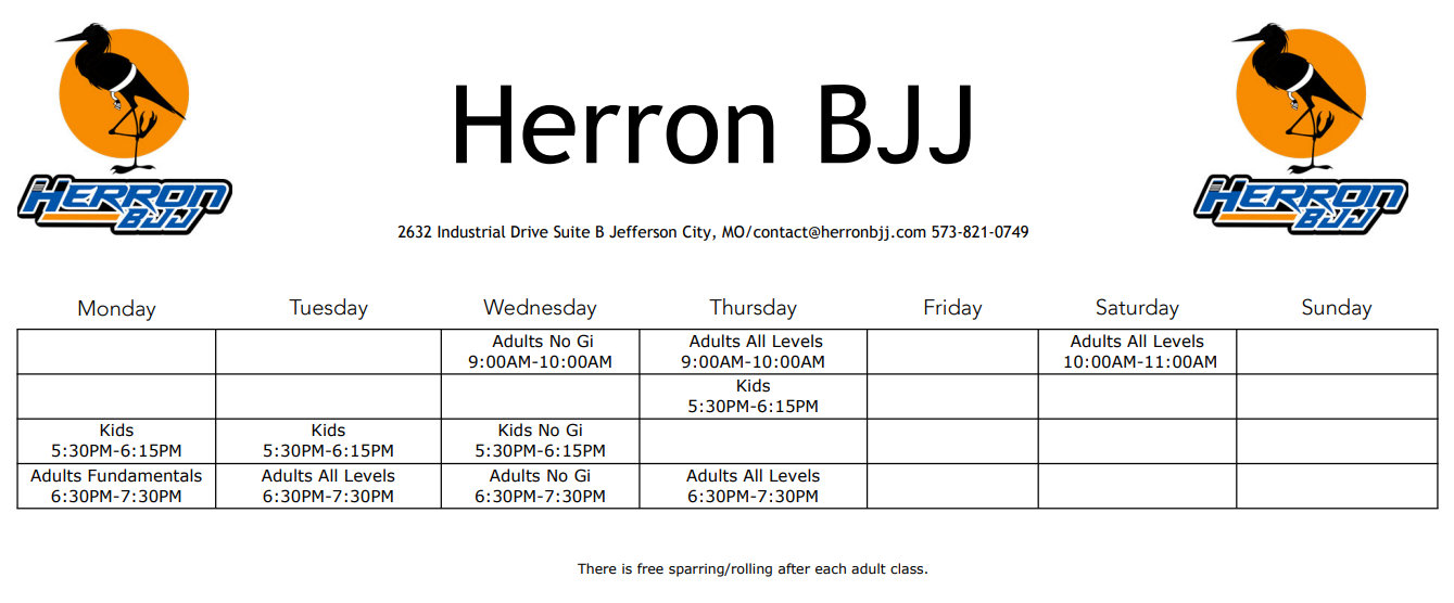 Monday: Adults 5:30AM-6:15AM,Adults 10:30AM-11:30AM Starting first of the year;Tuesday: Adults 7PM-8PM; Wednesday:Adults 10:30AM-11:30AM Starting first of the year, Kids 6PM-6:45PM;Thursday: Women's Self Defense & Jiujitsu: 6PM-7PM, Adults 7PM-8PM; Saturday: Youth 9AM-10AM, Kids 10AM-10:45AM, Adults: 11AM-12PM, Open Mat:12PM-1PM;